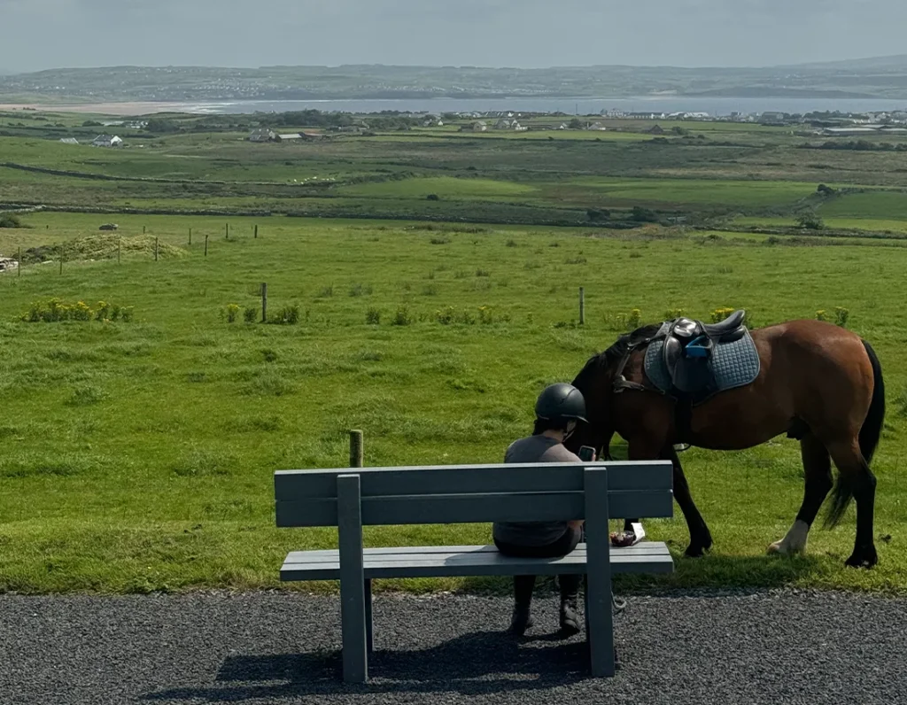 Pony and girl sitting in front of shop