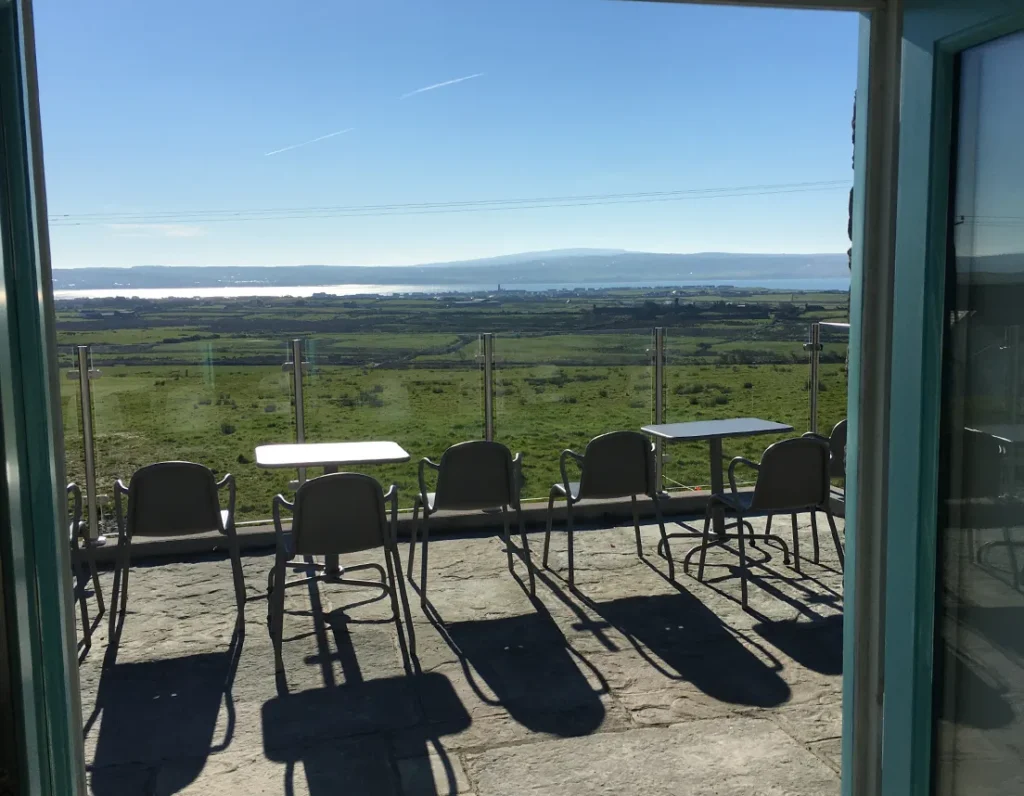 View from inside shop over bay