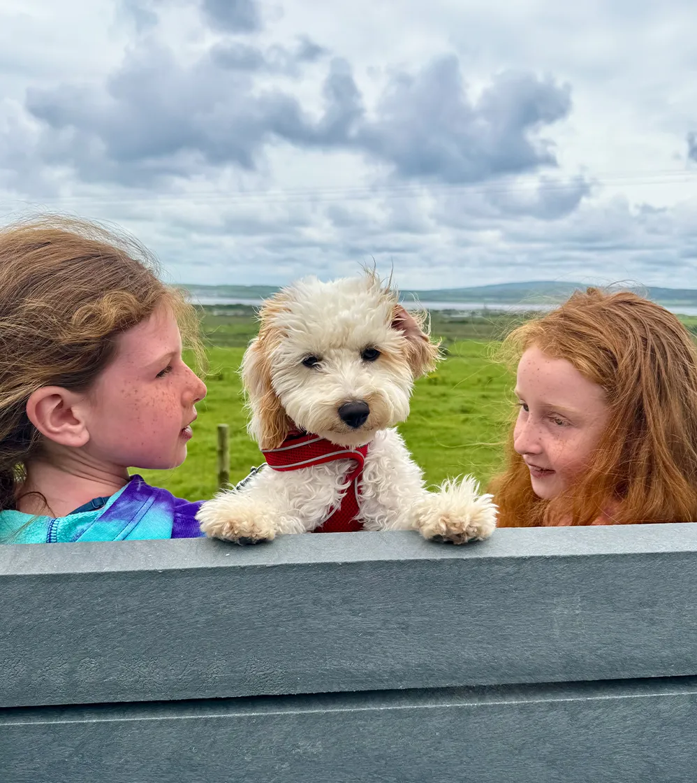 Two girls and dog sitting on bench